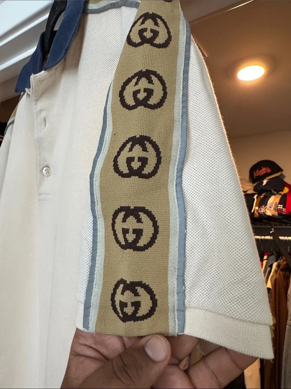 Gucci Pale Blue Polo with Navy Contrast Collar and Logo Tape